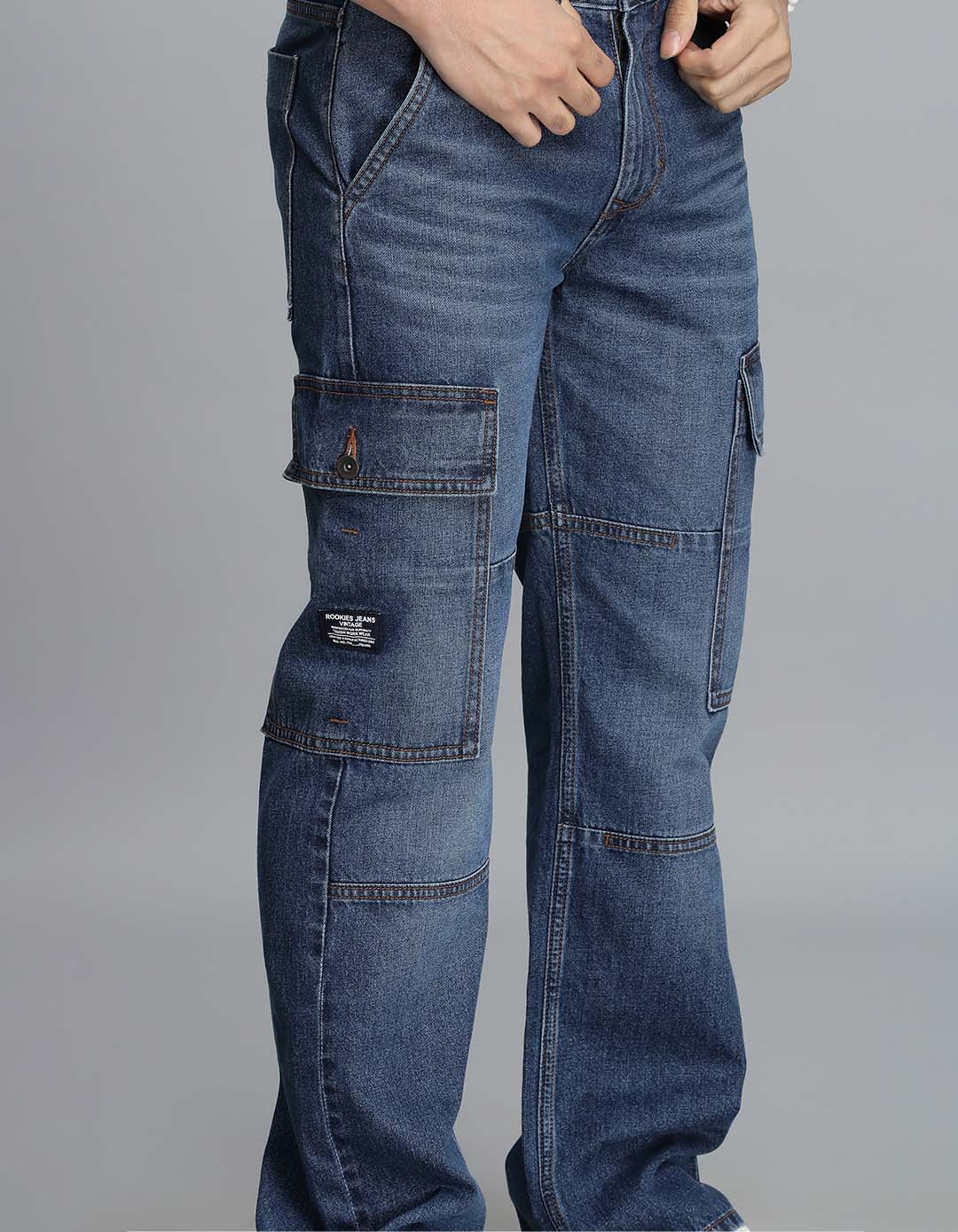 Med Blue Loose Fit Denim Cargo Pant - Image 6