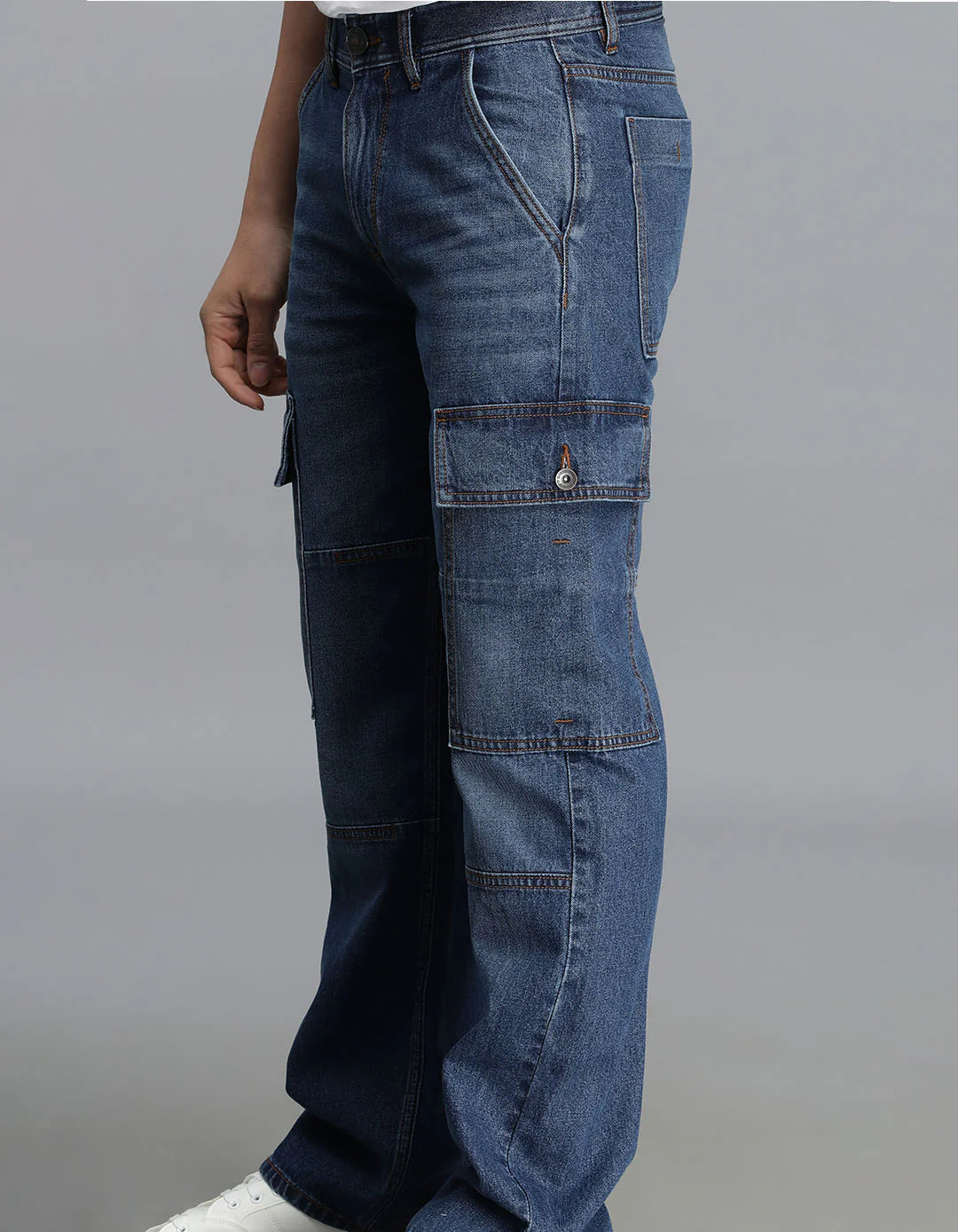 Med Blue Loose Fit Denim Cargo Pant - Image 7