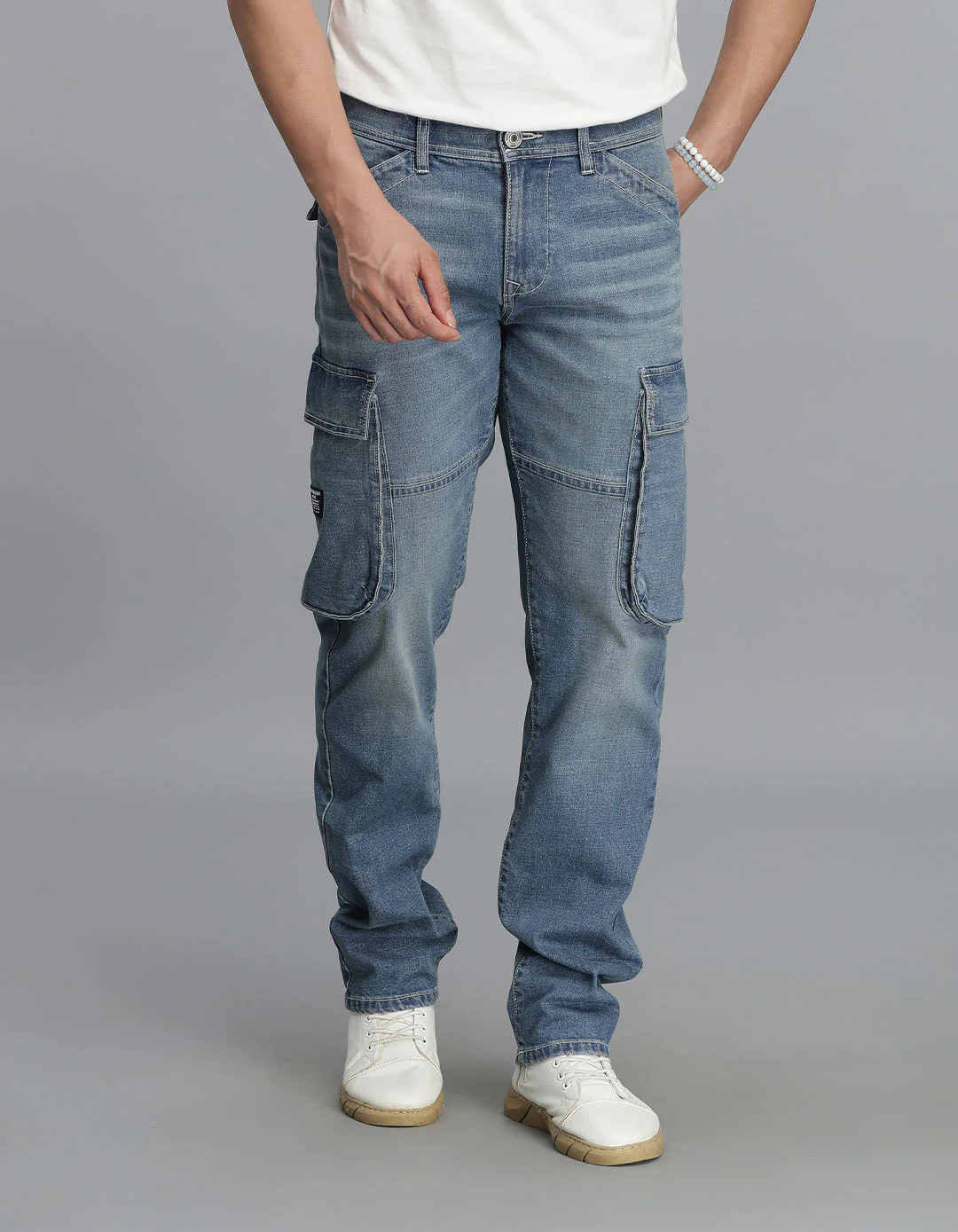 Med Blue Regular Fit Denim Cargo Pant