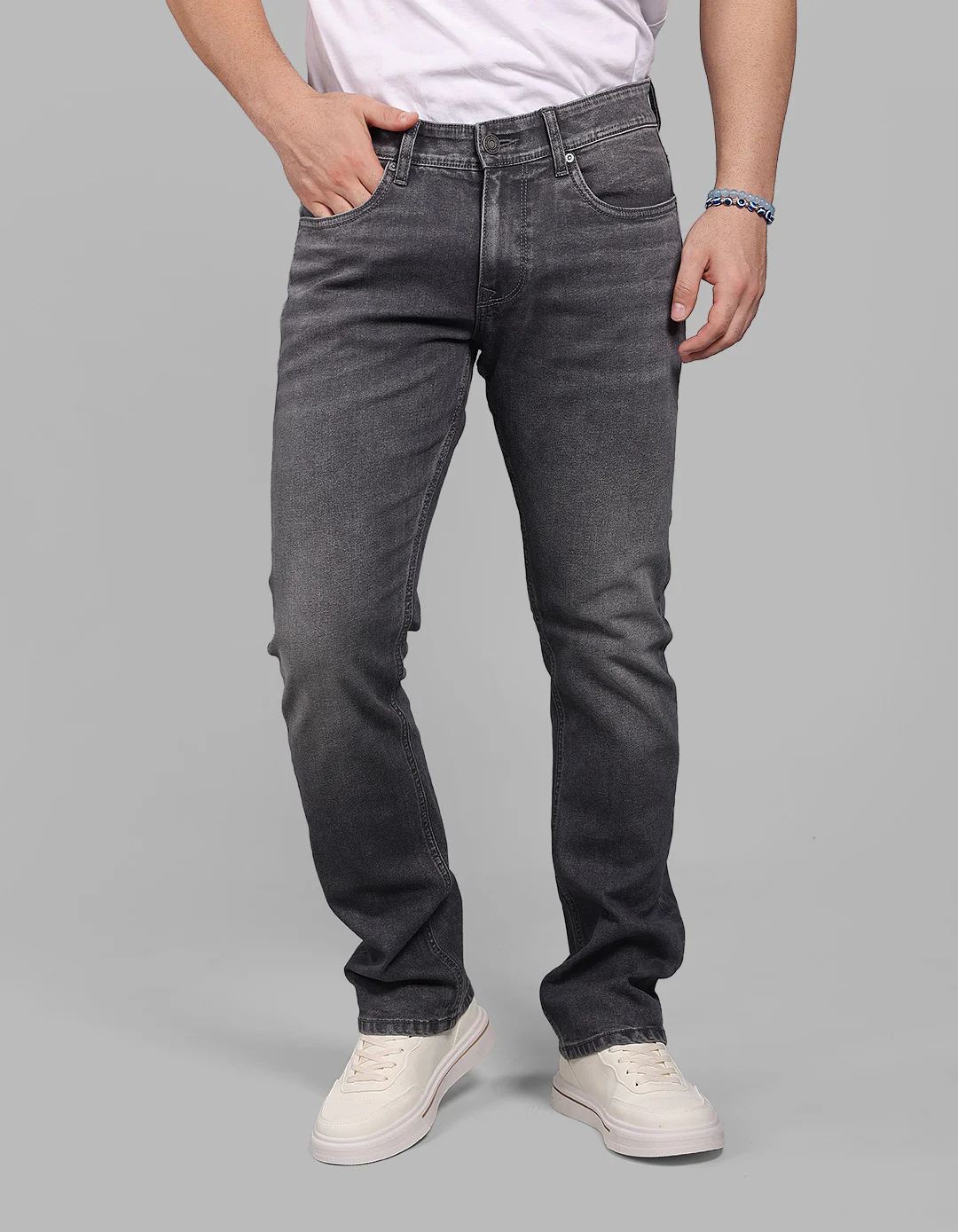Med Grey 5 Pocket Mid-Rise Slim Straight Fit Stretch Jeans