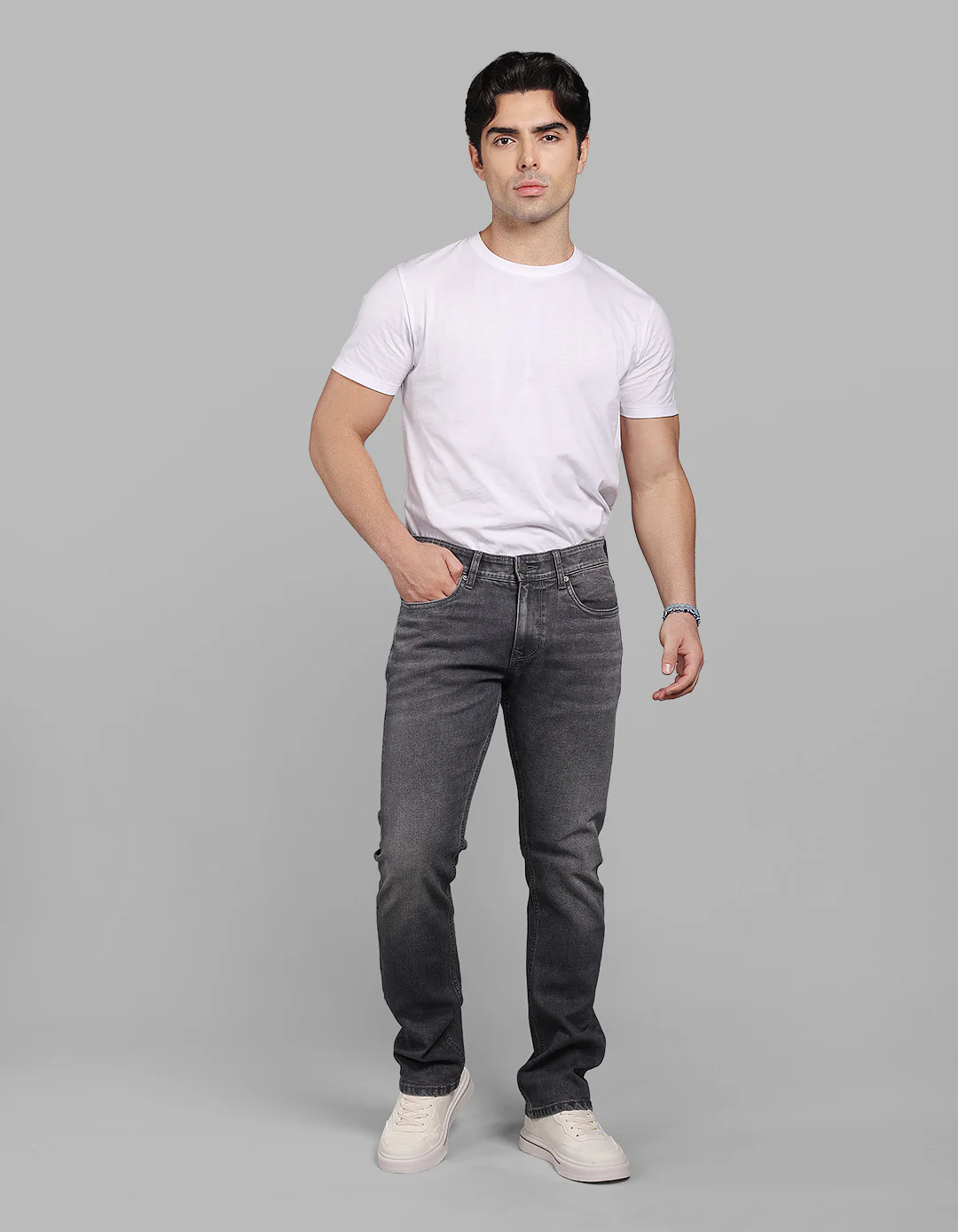 Med Grey 5 Pocket Mid-Rise Slim Straight Fit Stretch Jeans - Image 2