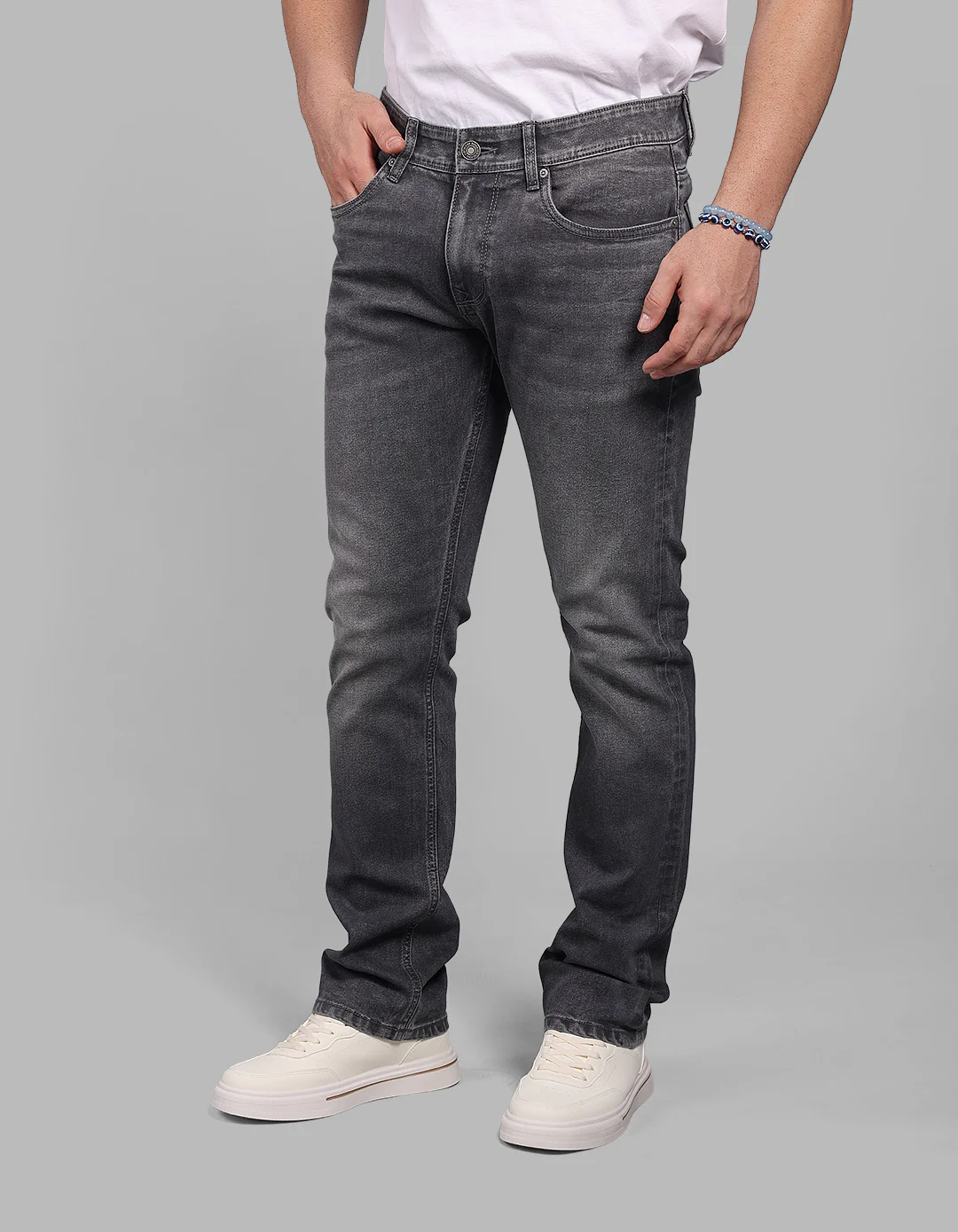 Med Grey 5 Pocket Mid-Rise Slim Straight Fit Stretch Jeans - Image 3