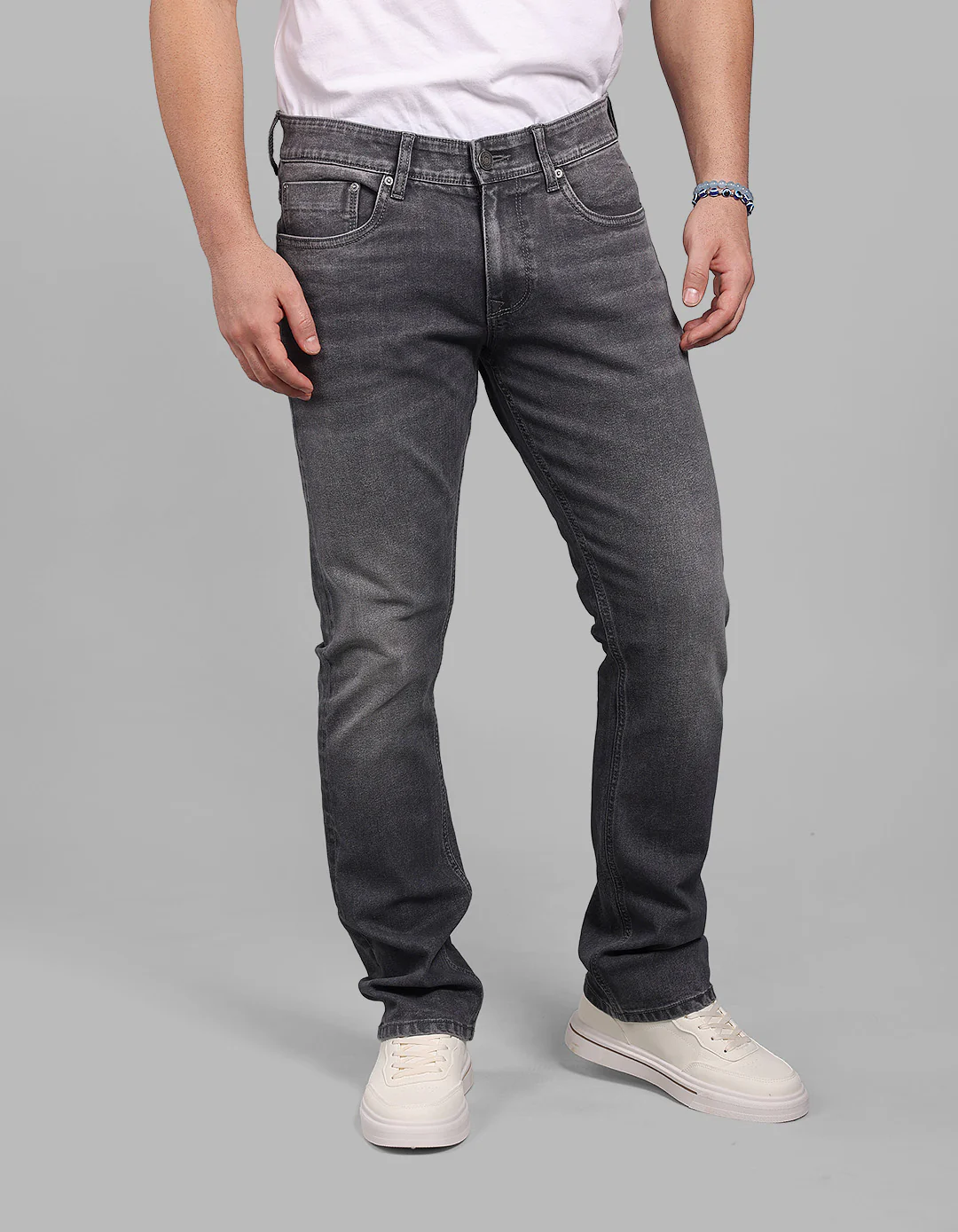 Med Grey 5 Pocket Mid-Rise Slim Straight Fit Stretch Jeans - Image 4