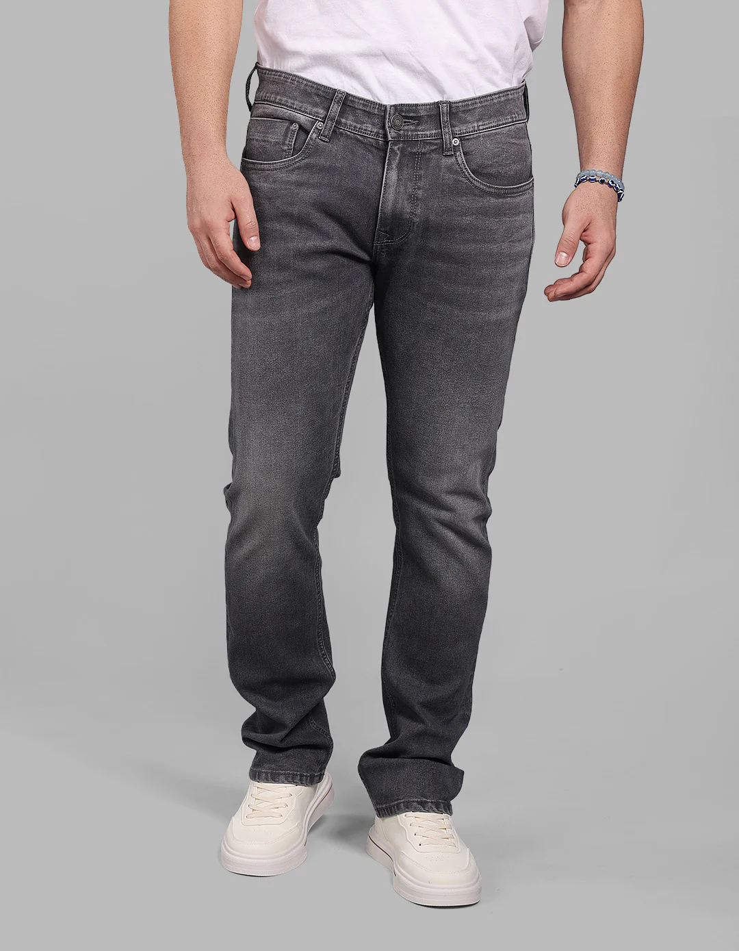Med Grey 5 Pocket Mid-Rise Slim Straight Fit Stretch Jeans - Image 5