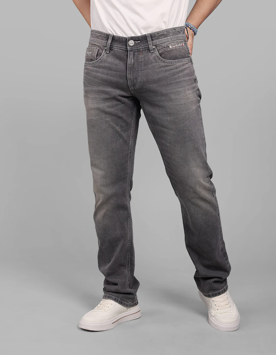 Med Grey 5 Pocket Mid-Rise Slim Straight Fit Stretch Jeans