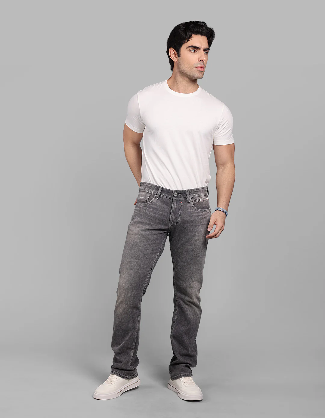 Med Grey 5 Pocket Mid-Rise Slim Straight Fit Stretch Jeans - Image 2