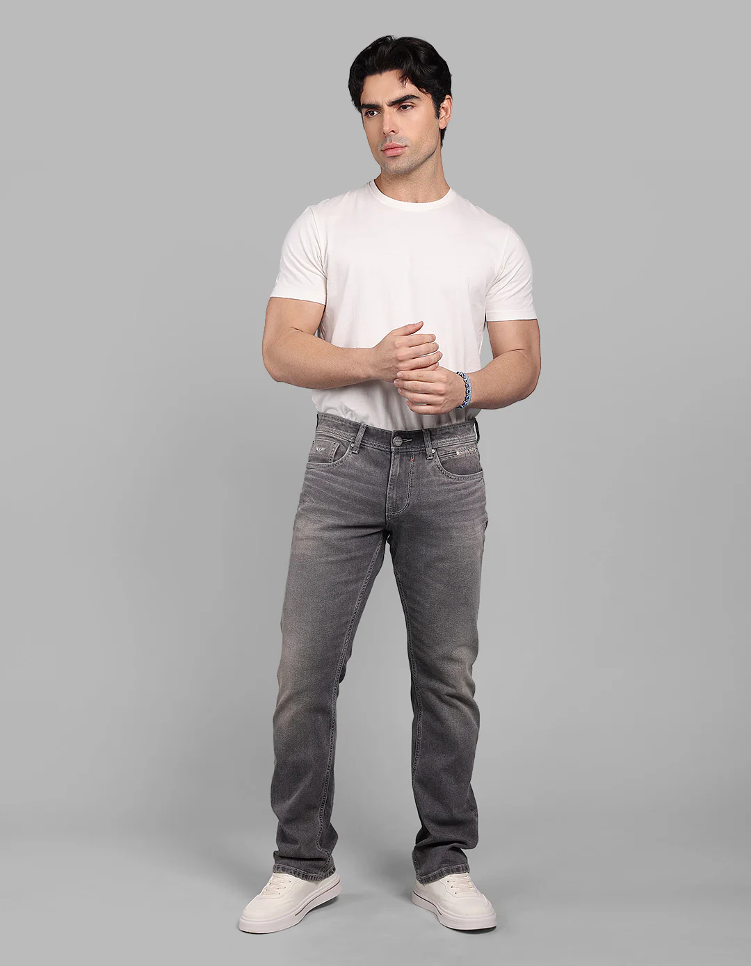 Med Grey 5 Pocket Mid-Rise Slim Straight Fit Stretch Jeans - Image 3