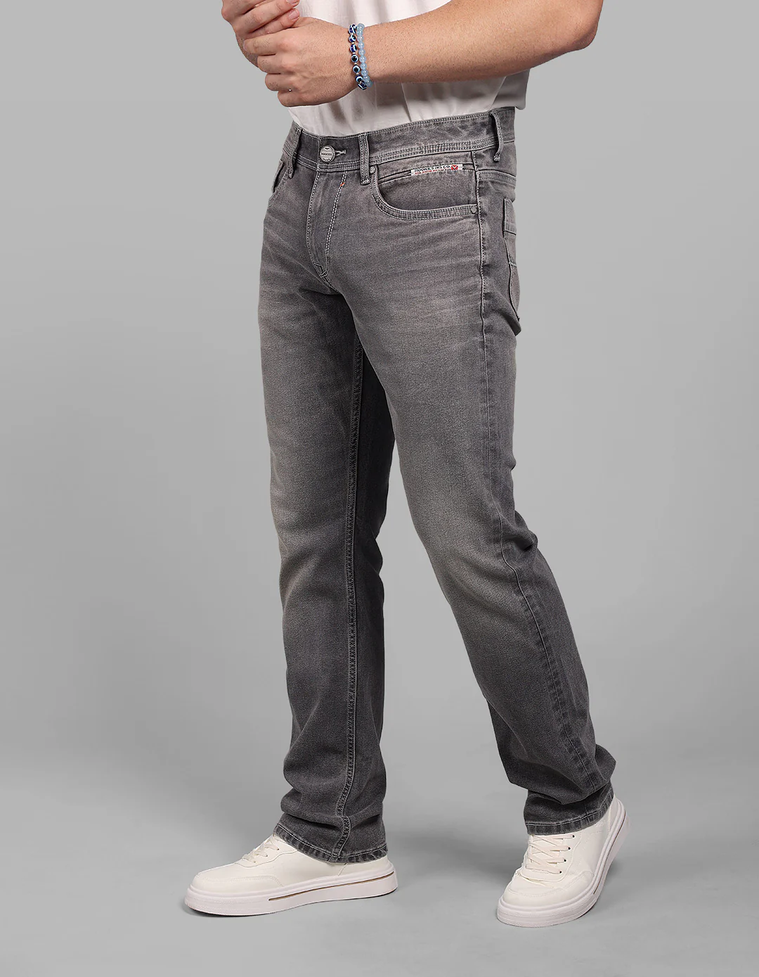 Med Grey 5 Pocket Mid-Rise Slim Straight Fit Stretch Jeans - Image 4