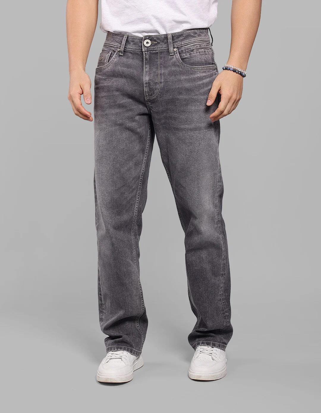 Med Grey 5 Pocket Midrise, Comfort And Straight Crop Length Stretch Jeans