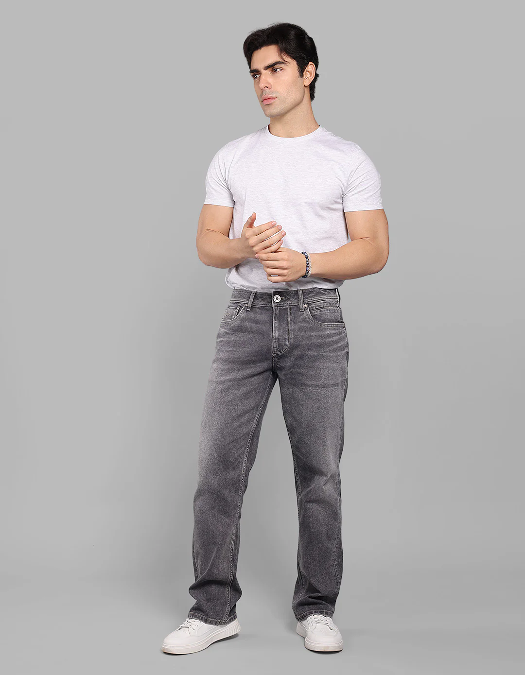 Med Grey 5 Pocket Midrise, Comfort And Straight Fit Stretch Jeans - Image 2