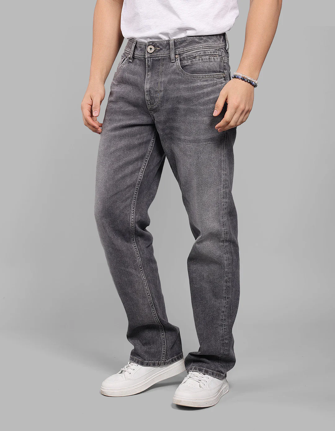 Med Grey 5 Pocket Midrise, Comfort And Straight Fit Stretch Jeans - Image 3