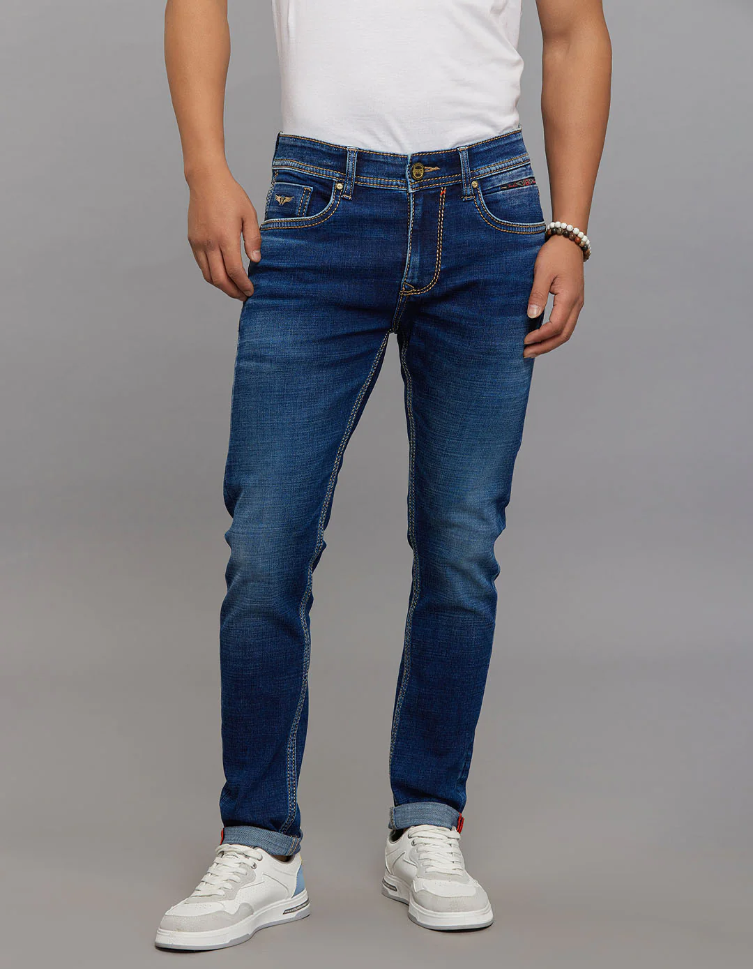 Medium Blue 5 Pocket Low-Rise Tapered Ankle Length Stretch Jeans