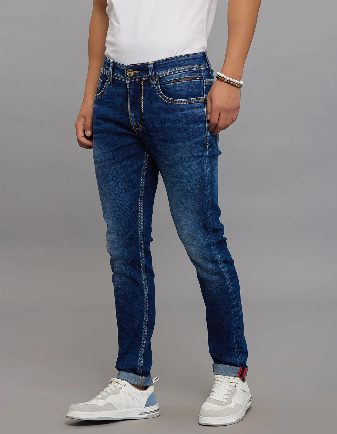 Medium Blue 5 Pocket Low-Rise Tapered Ankle Length Stretch Jeans - Image 3