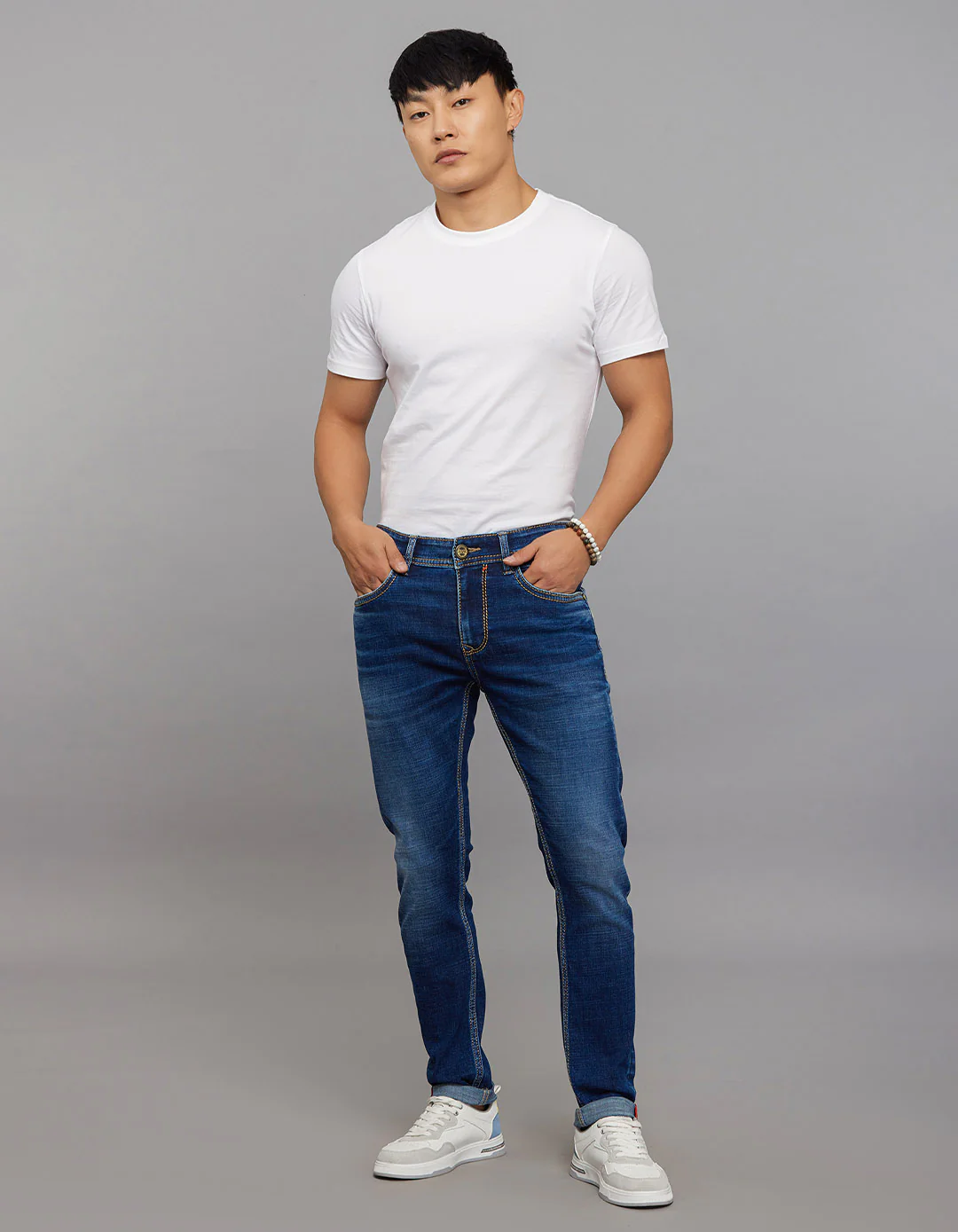 Medium Blue 5 Pocket Low-Rise Tapered Ankle Length Stretch Jeans - Image 6