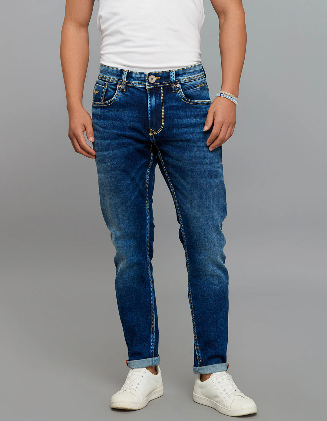 Medium Blue 5 Pocket Low-Rise Tapered Ankle Length Stretch Jeans