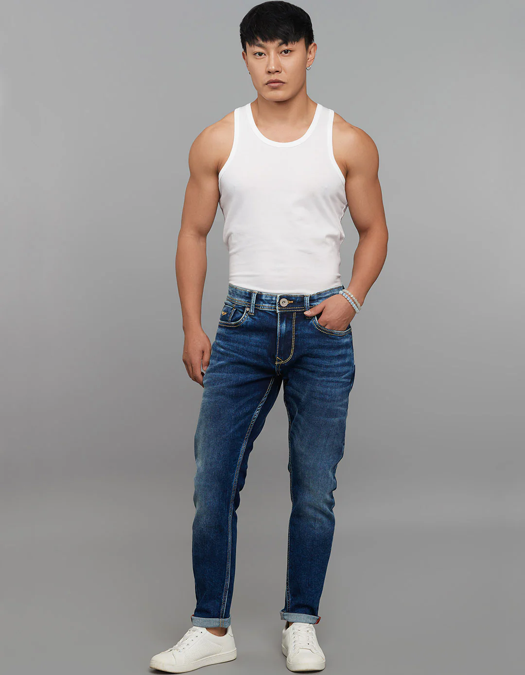 Medium Blue 5 Pocket Low-Rise Tapered Ankle Length Stretch Jeans - Image 2