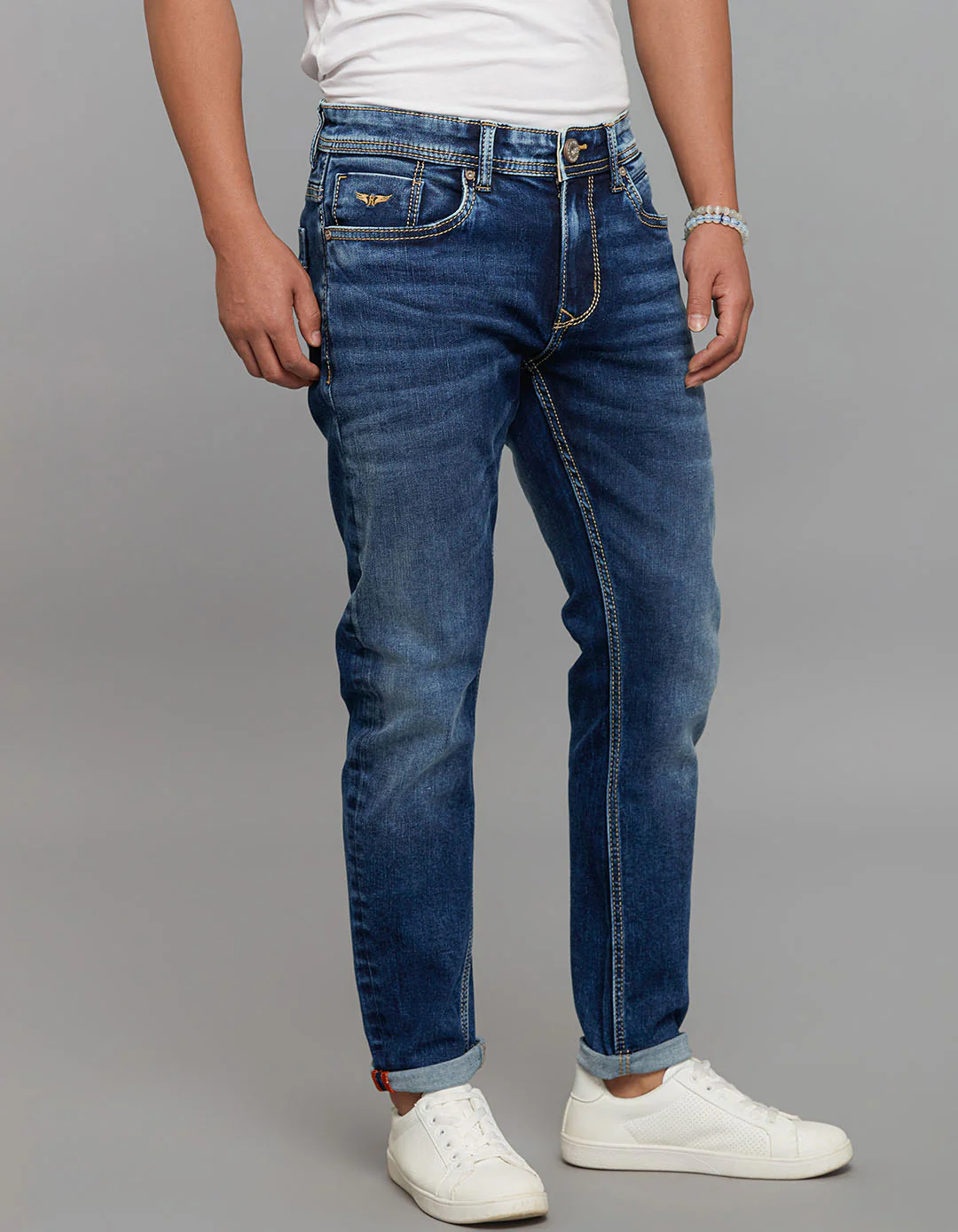 Medium Blue 5 Pocket Low-Rise Tapered Ankle Length Stretch Jeans - Image 4