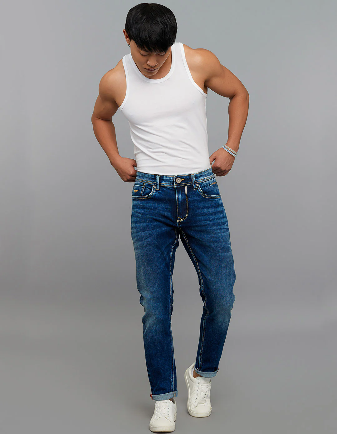 Medium Blue 5 Pocket Low-Rise Tapered Ankle Length Stretch Jeans - Image 5