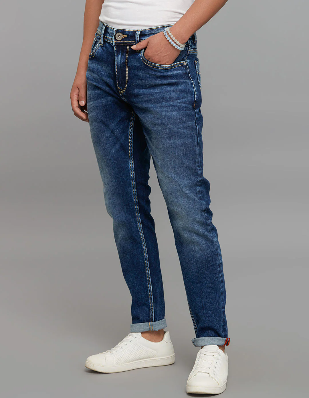 Medium Blue 5 Pocket Low-Rise Tapered Ankle Length Stretch Jeans - Image 6