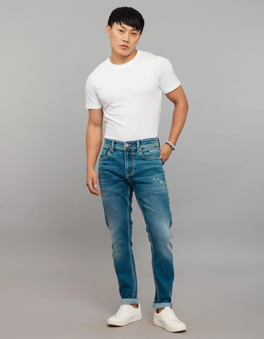 Medium Blue 5 Pocket Low-Rise Tapered Ankle Length Stretch Jeans - Image 2