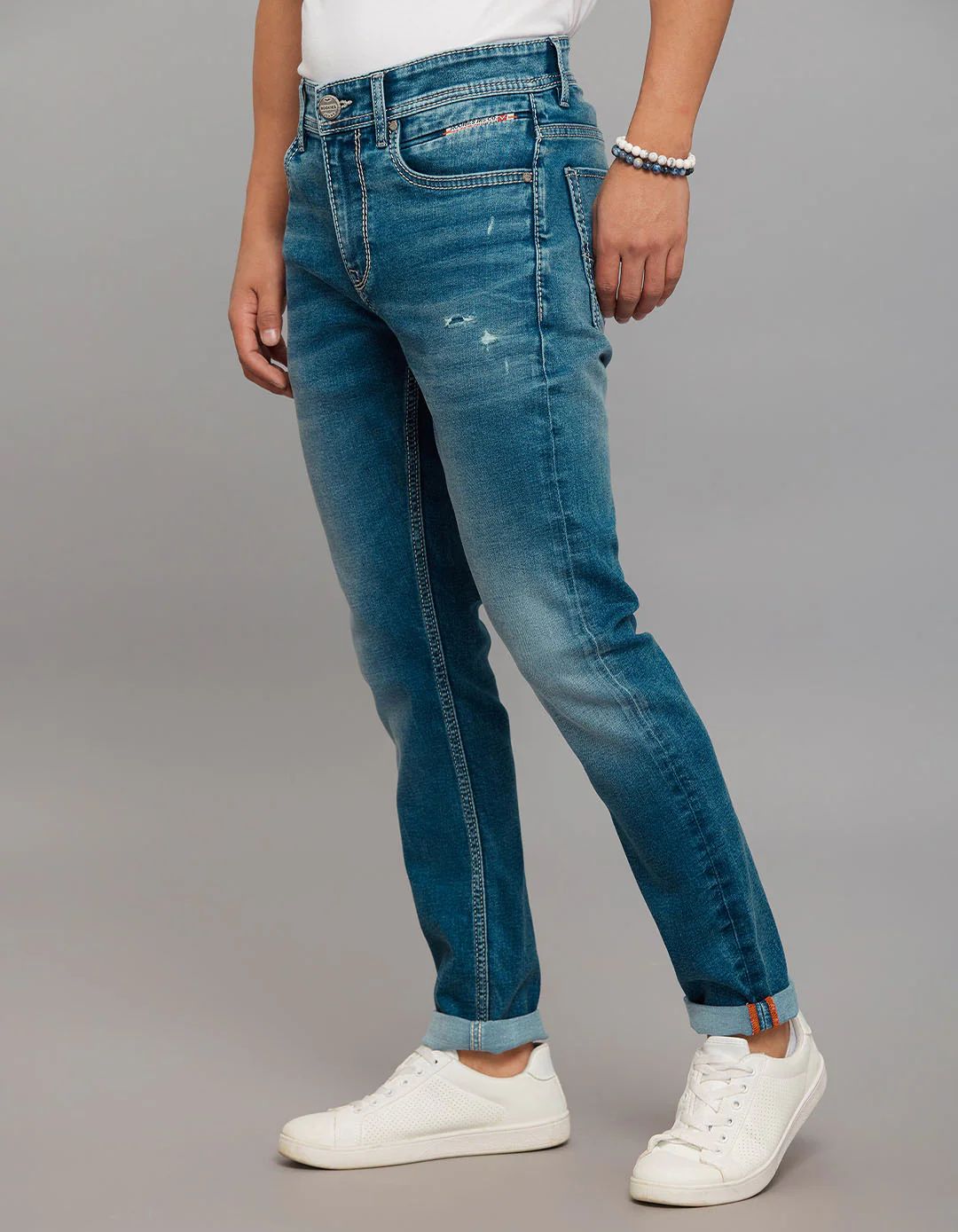 Medium Blue 5 Pocket Low-Rise Tapered Ankle Length Stretch Jeans - Image 3