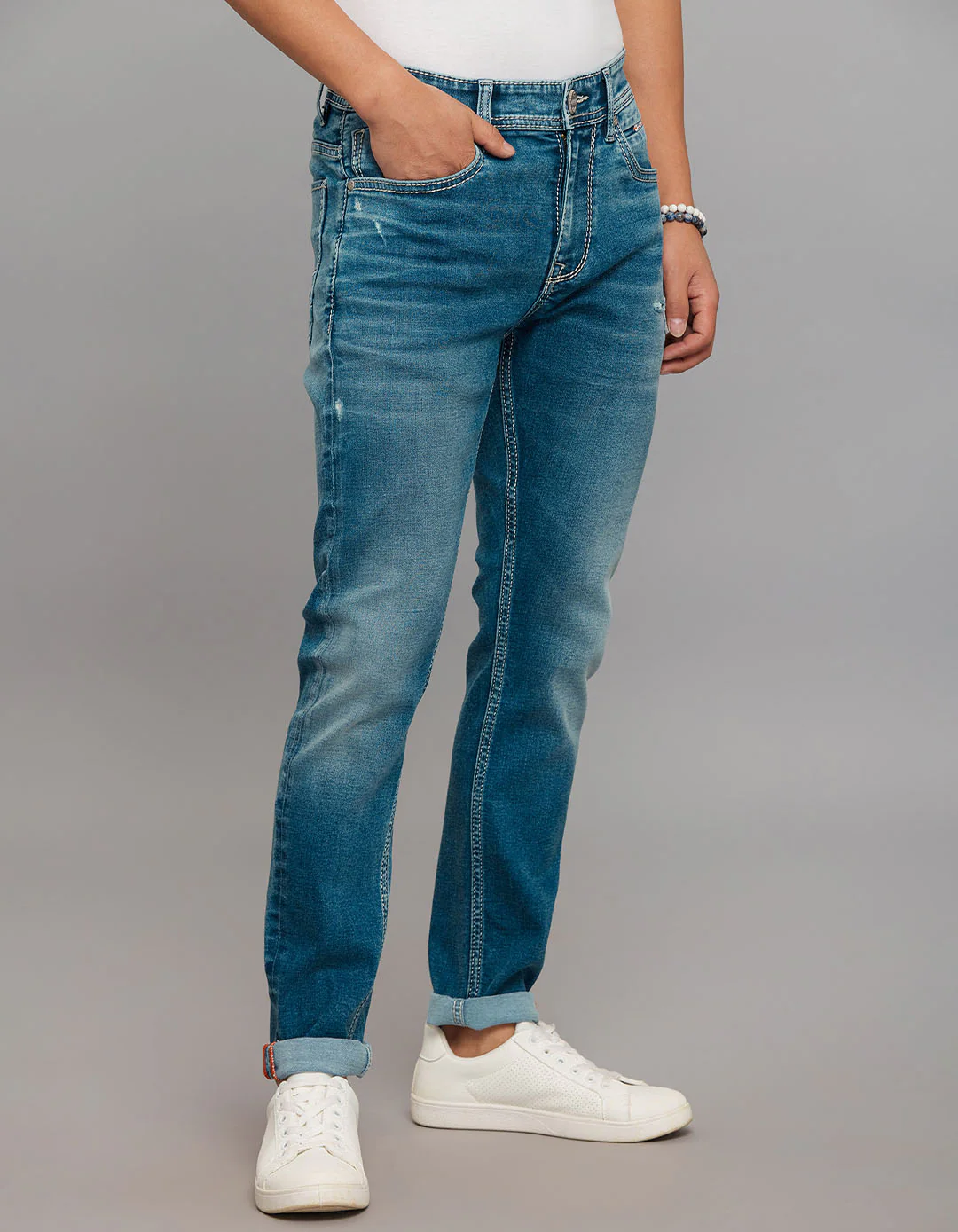 Medium Blue 5 Pocket Low-Rise Tapered Ankle Length Stretch Jeans - Image 4