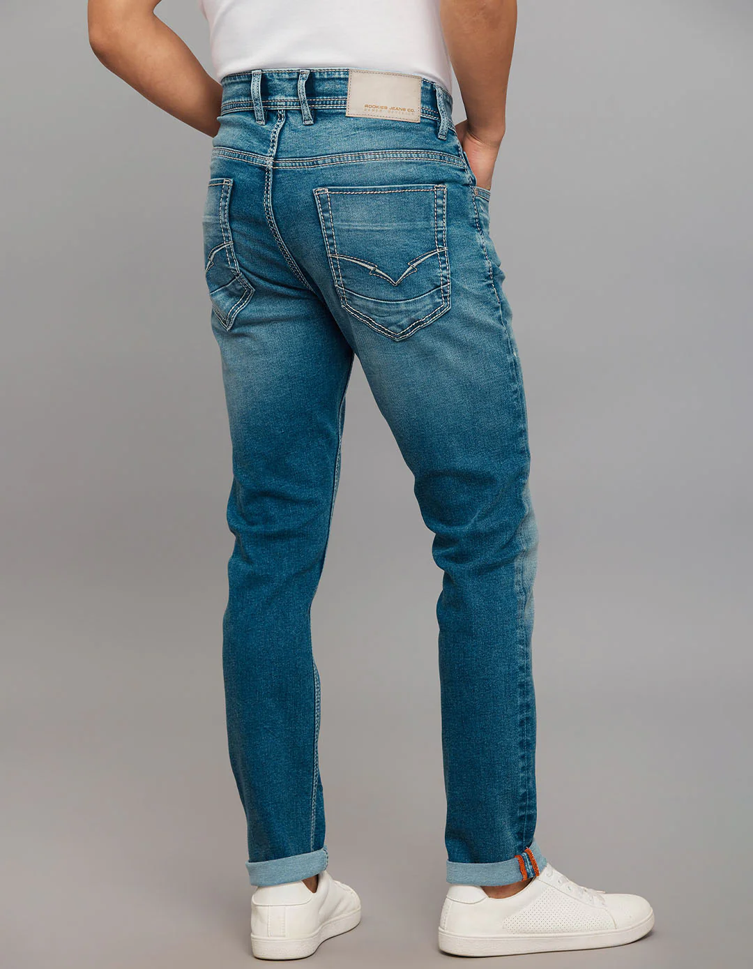 Medium Blue 5 Pocket Low-Rise Tapered Ankle Length Stretch Jeans - Image 5