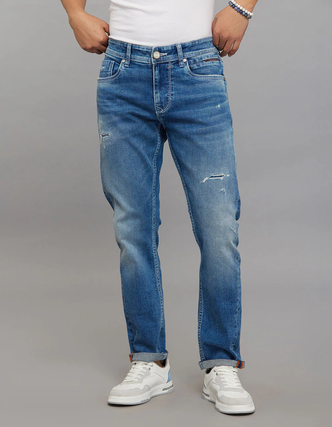 Medium Blue 5 Pocket Low-Rise Tapered Ankle Length Stretch Jeans