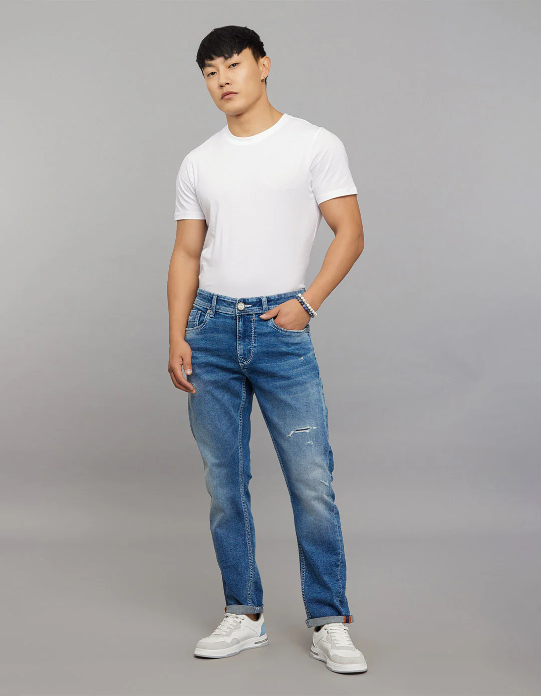 Medium Blue 5 Pocket Low-Rise Tapered Ankle Length Stretch Jeans - Image 2
