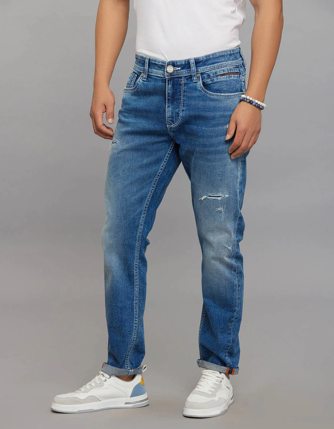 Medium Blue 5 Pocket Low-Rise Tapered Ankle Length Stretch Jeans - Image 3