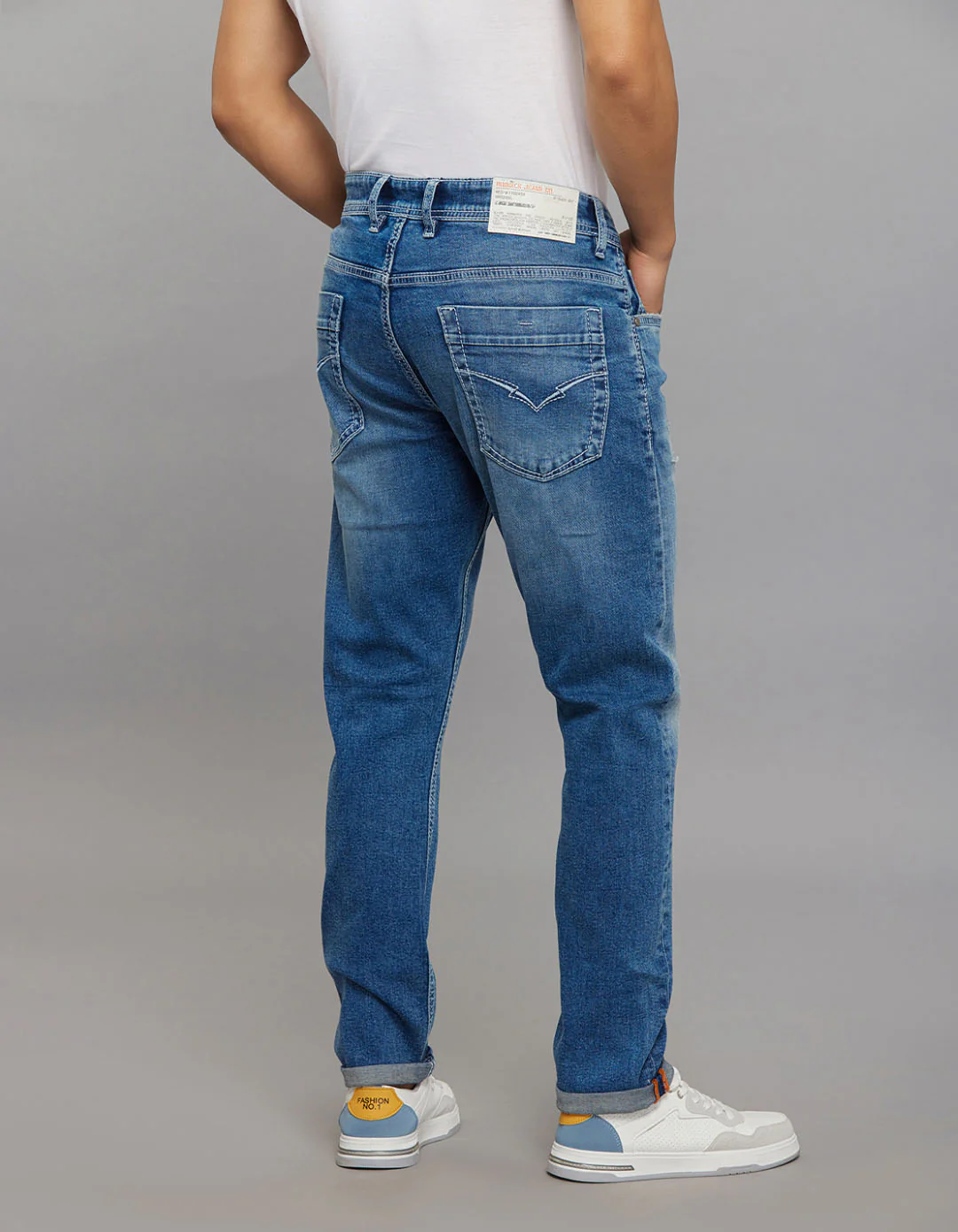 Medium Blue 5 Pocket Low-Rise Tapered Ankle Length Stretch Jeans - Image 5