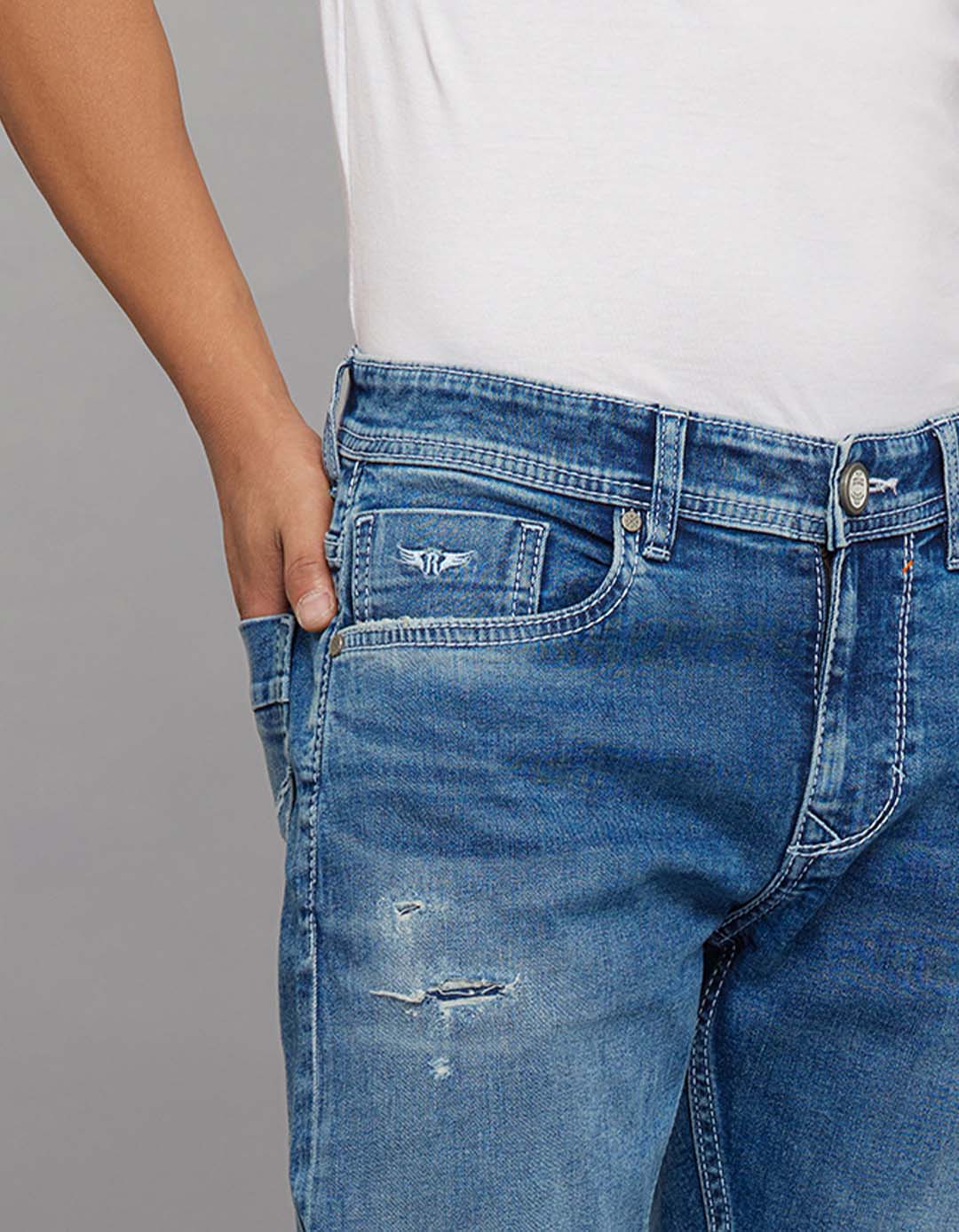 Medium Blue 5 Pocket Low-Rise Tapered Ankle Length Stretch Jeans - Image 6