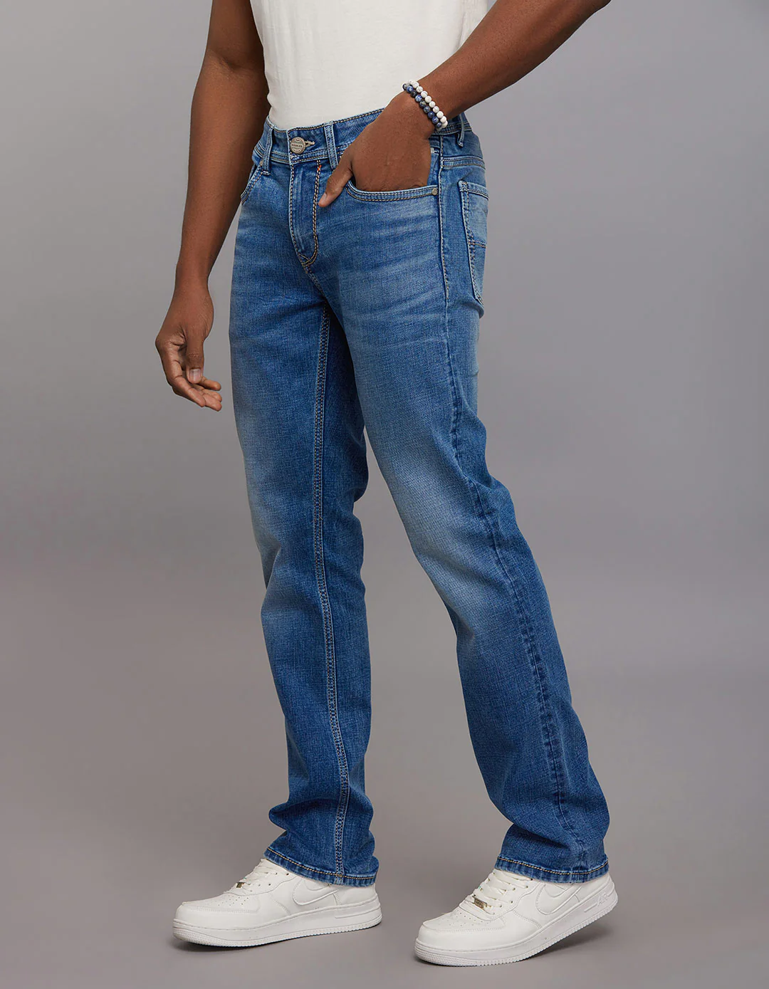 Medium Blue 5 Pocket Mid Rise Loose Boot Leg Stretch Jeans - Image 3