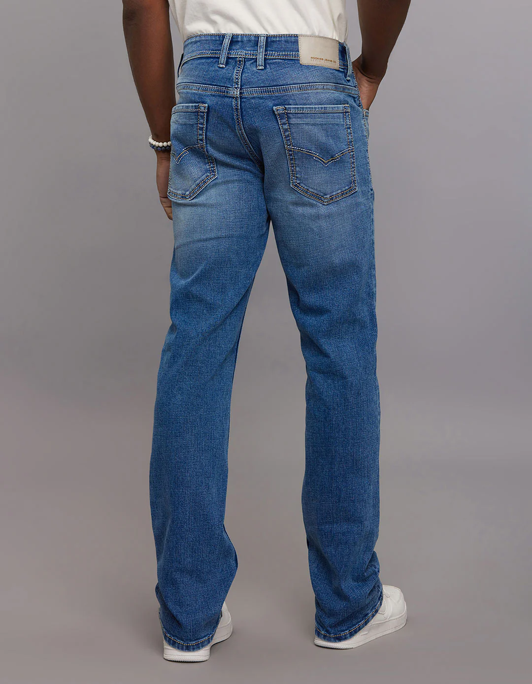 Medium Blue 5 Pocket Mid Rise Loose Boot Leg Stretch Jeans - Image 5