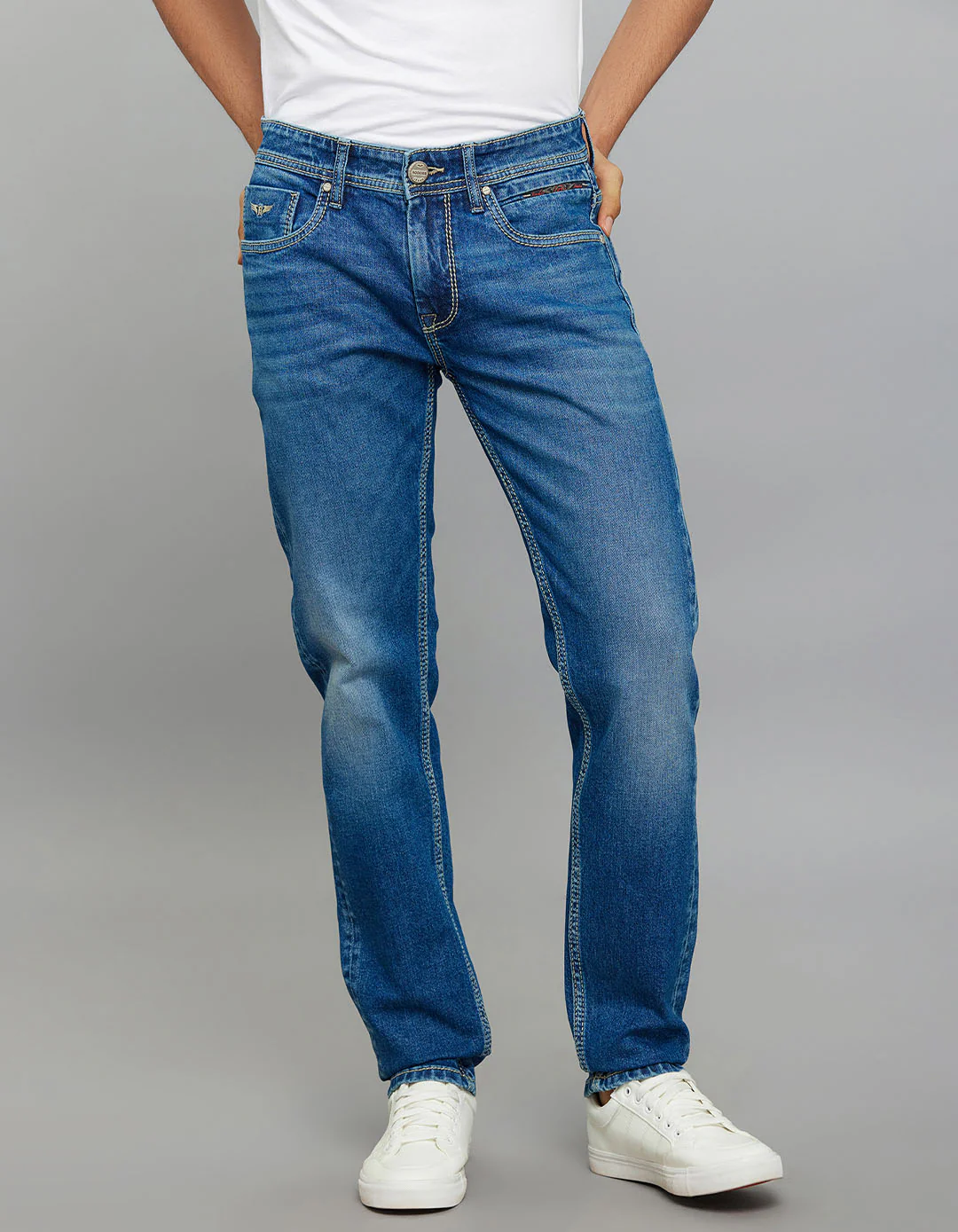 Medium Blue 5 Pocket Mid-Rise Slim Straight Fit Classic Stretch Jeans