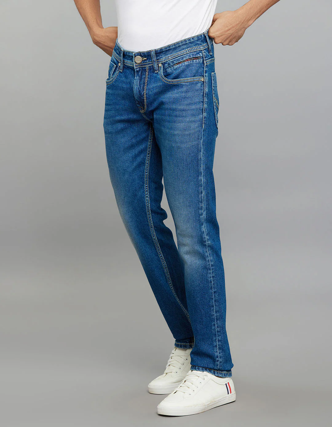 Medium Blue 5 Pocket Mid-Rise Slim Straight Fit Classic Stretch Jeans - Image 3