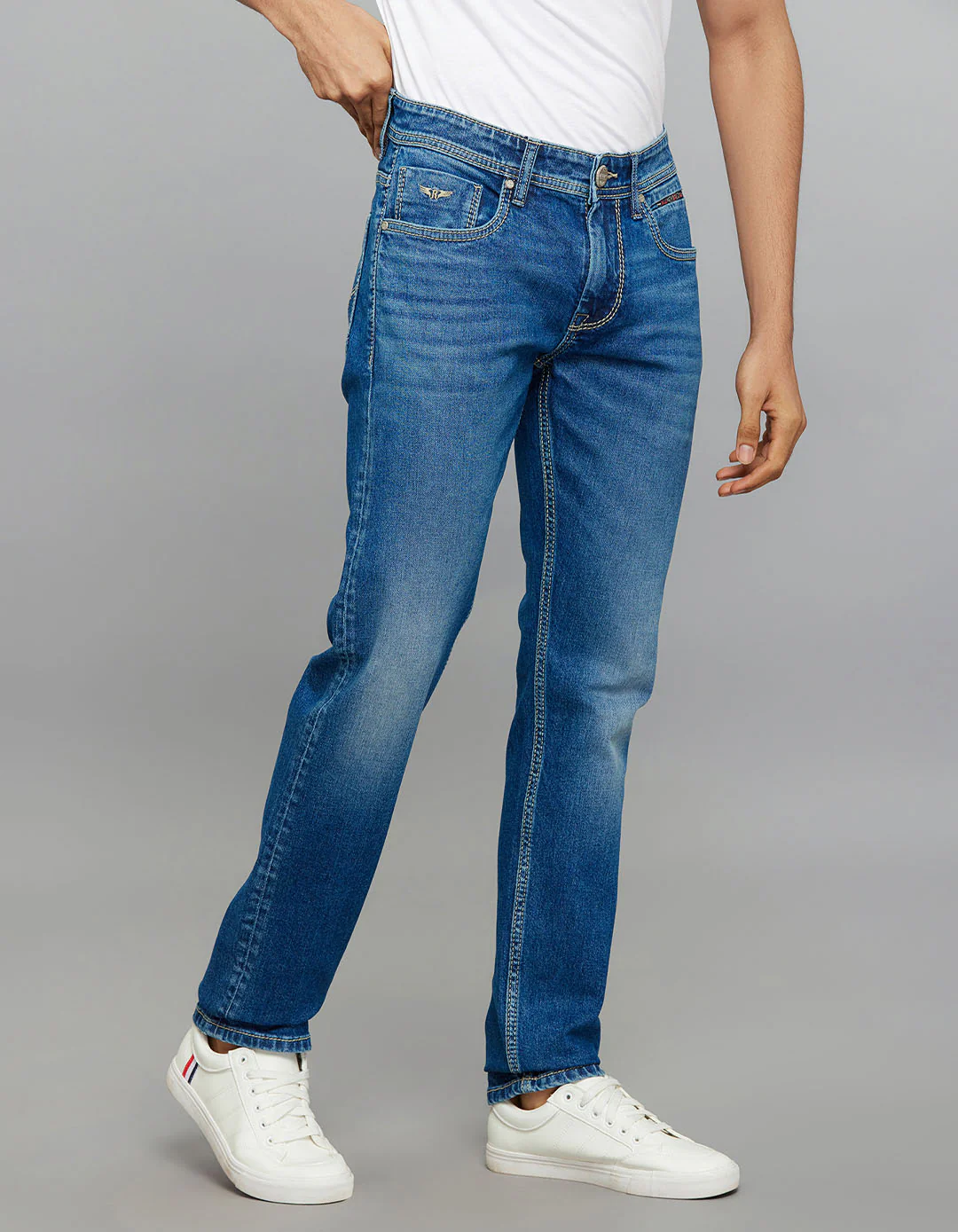 Medium Blue 5 Pocket Mid-Rise Slim Straight Fit Classic Stretch Jeans - Image 4