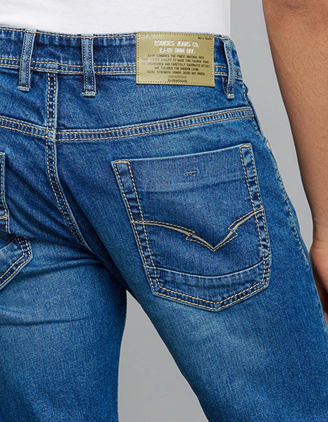 Medium Blue 5 Pocket Mid-Rise Slim Straight Fit Classic Stretch Jeans - Image 6