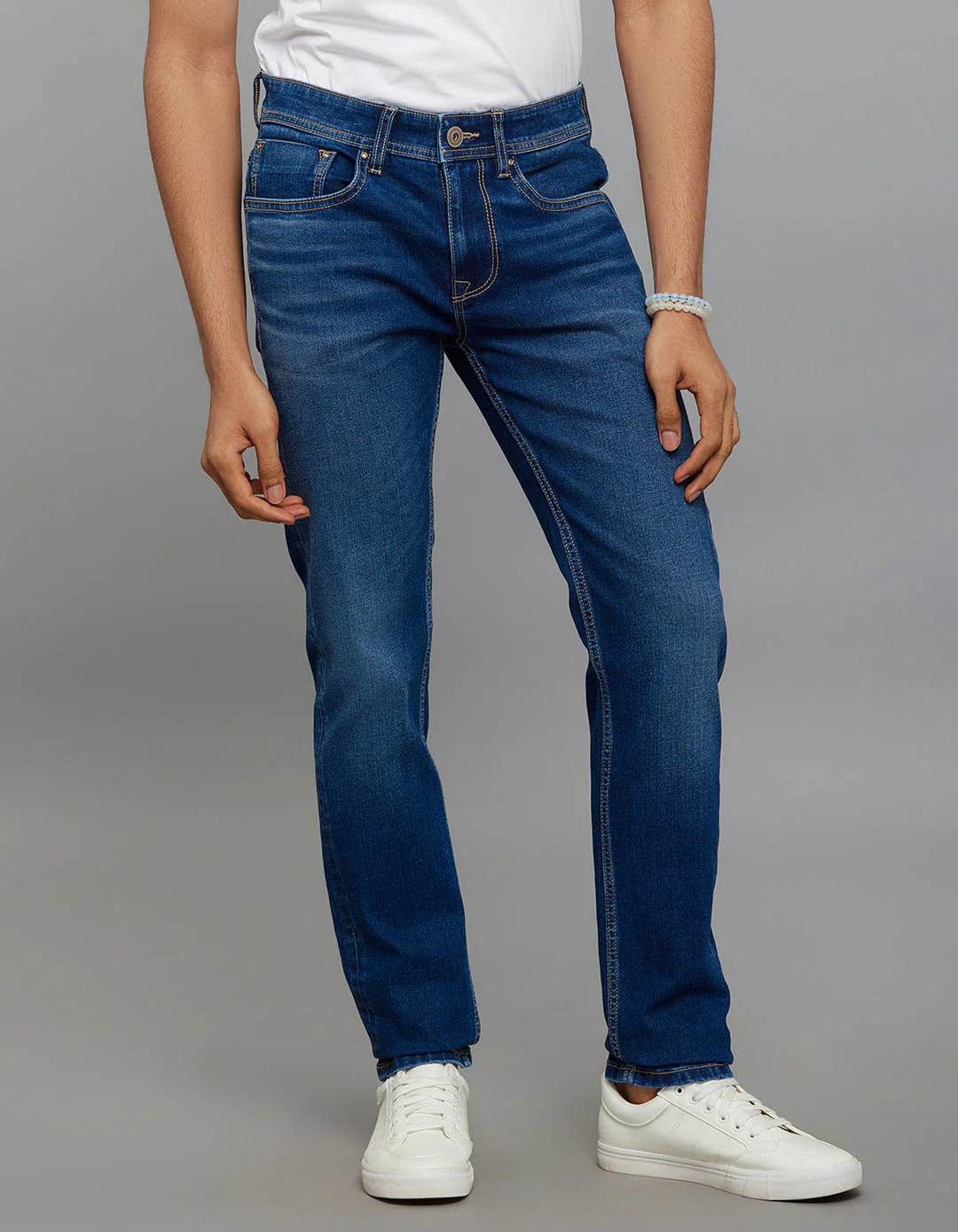 Medium Blue 5 Pocket Mid-Rise Slim Straight Fit Classic Stretch Jeans