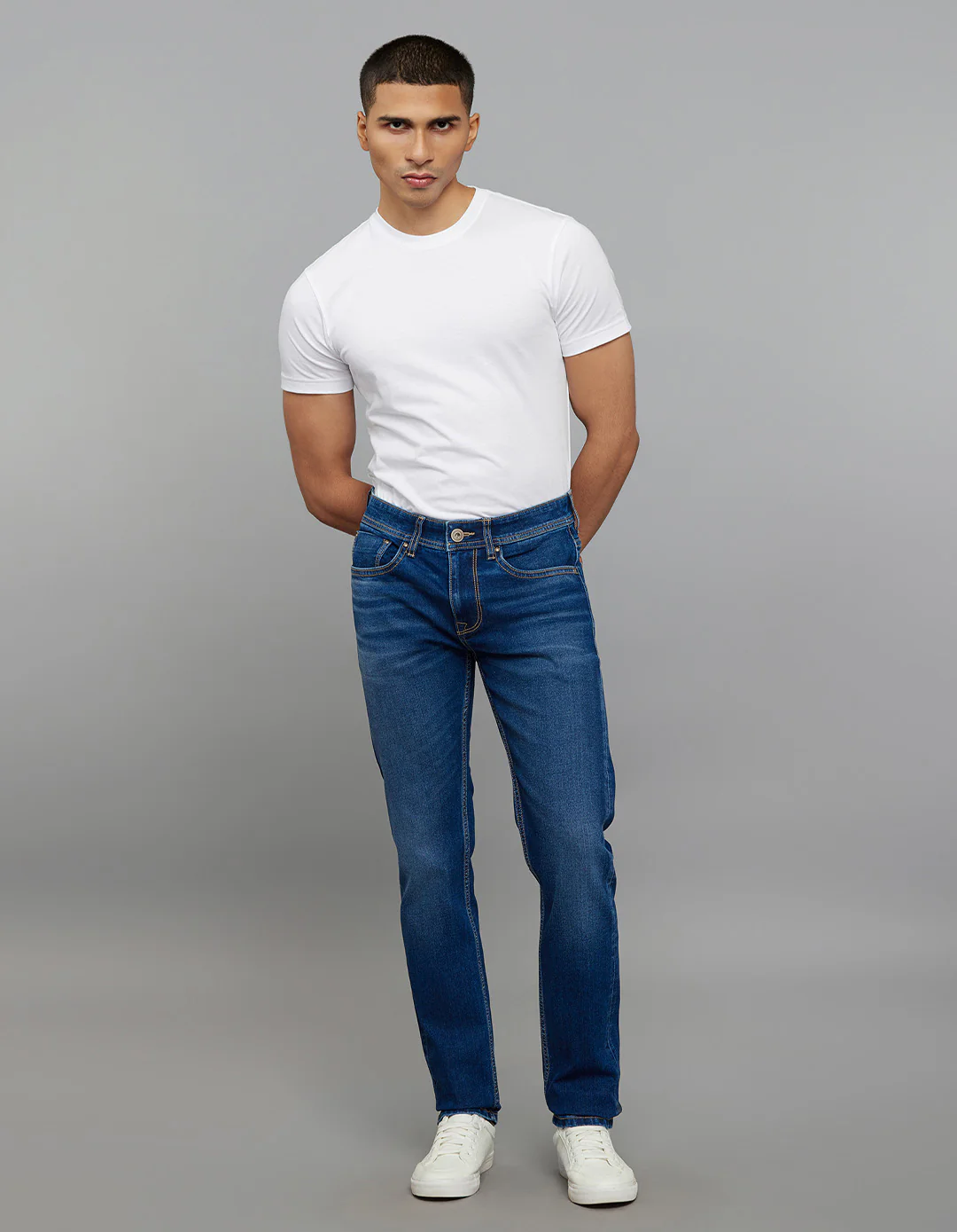 Medium Blue 5 Pocket Mid-Rise Slim Straight Fit Classic Stretch Jeans - Image 2