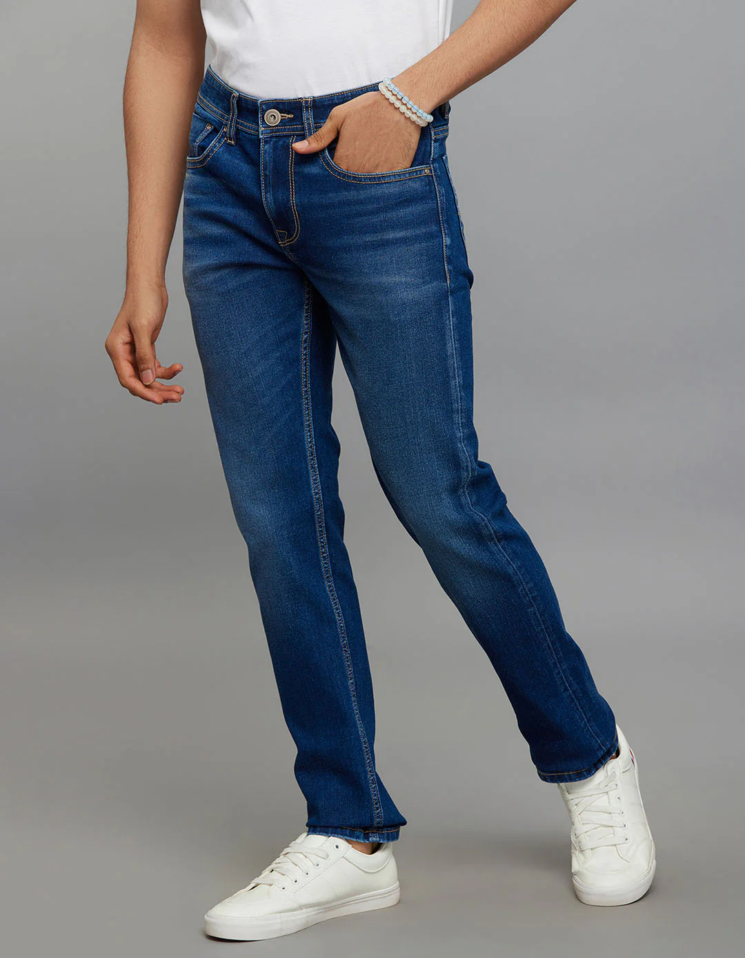 Medium Blue 5 Pocket Mid-Rise Slim Straight Fit Classic Stretch Jeans - Image 3