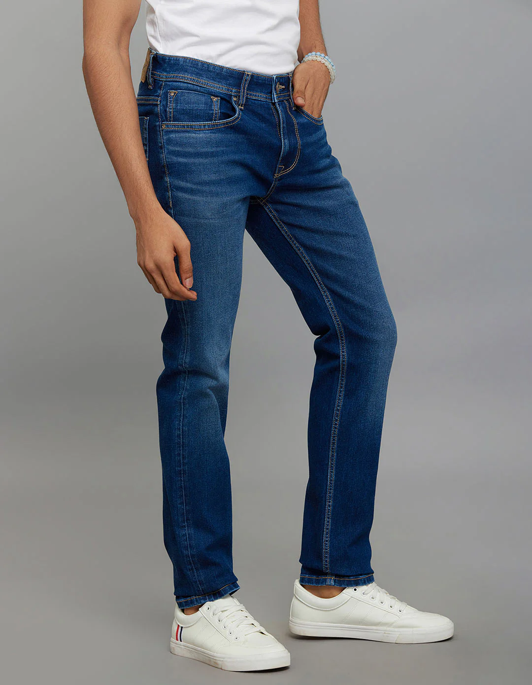Medium Blue 5 Pocket Mid-Rise Slim Straight Fit Classic Stretch Jeans - Image 4