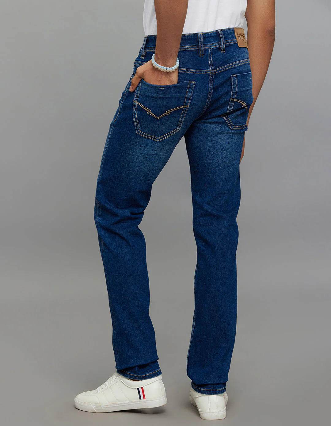 Medium Blue 5 Pocket Mid-Rise Slim Straight Fit Classic Stretch Jeans - Image 5