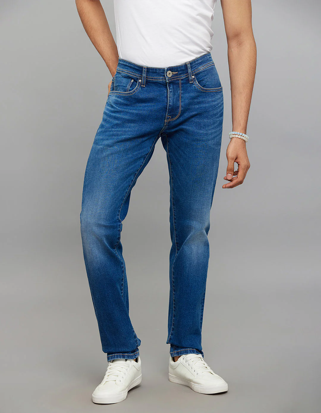Medium Blue 5 Pocket Mid-Rise Slim Straight Fit Classic Stretch Jeans