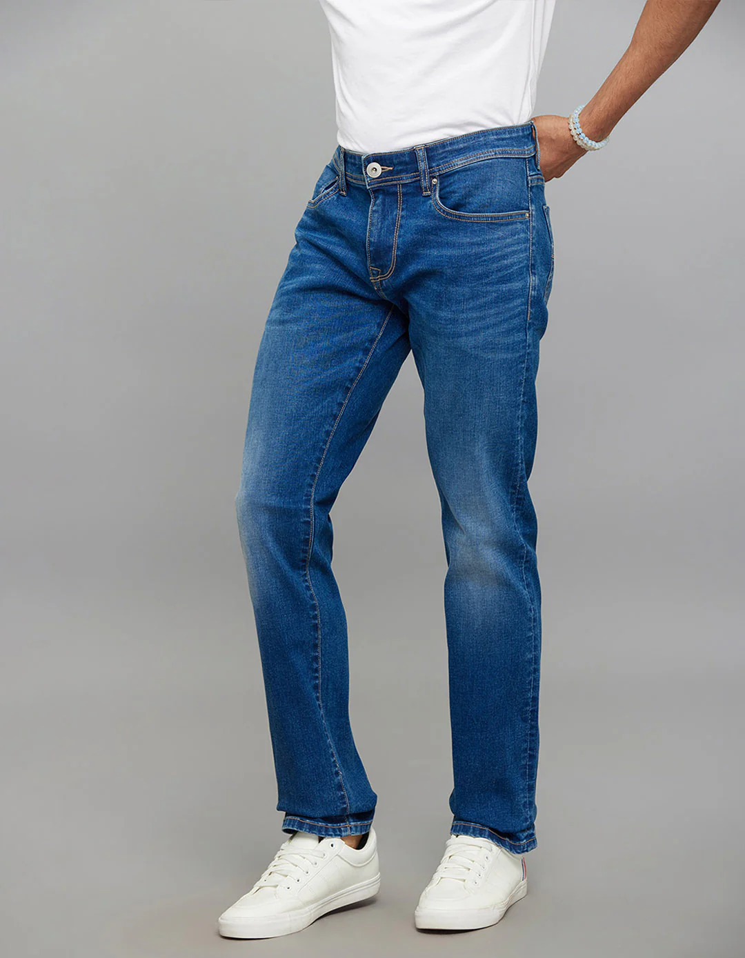 Medium Blue 5 Pocket Mid-Rise Slim Straight Fit Classic Stretch Jeans - Image 3