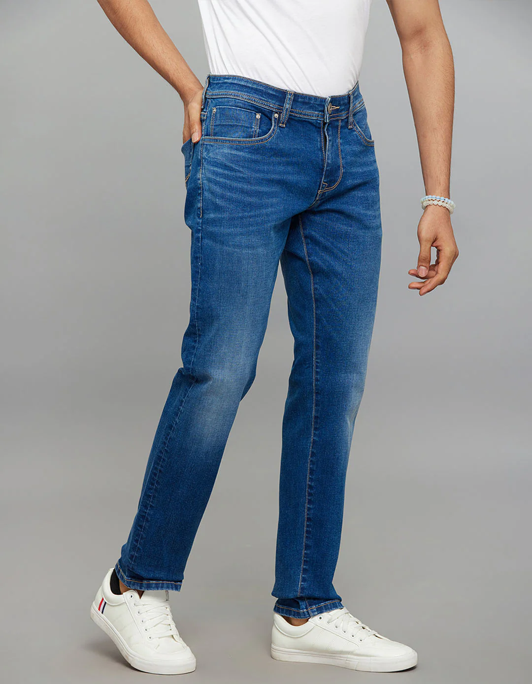 Medium Blue 5 Pocket Mid-Rise Slim Straight Fit Classic Stretch Jeans - Image 4