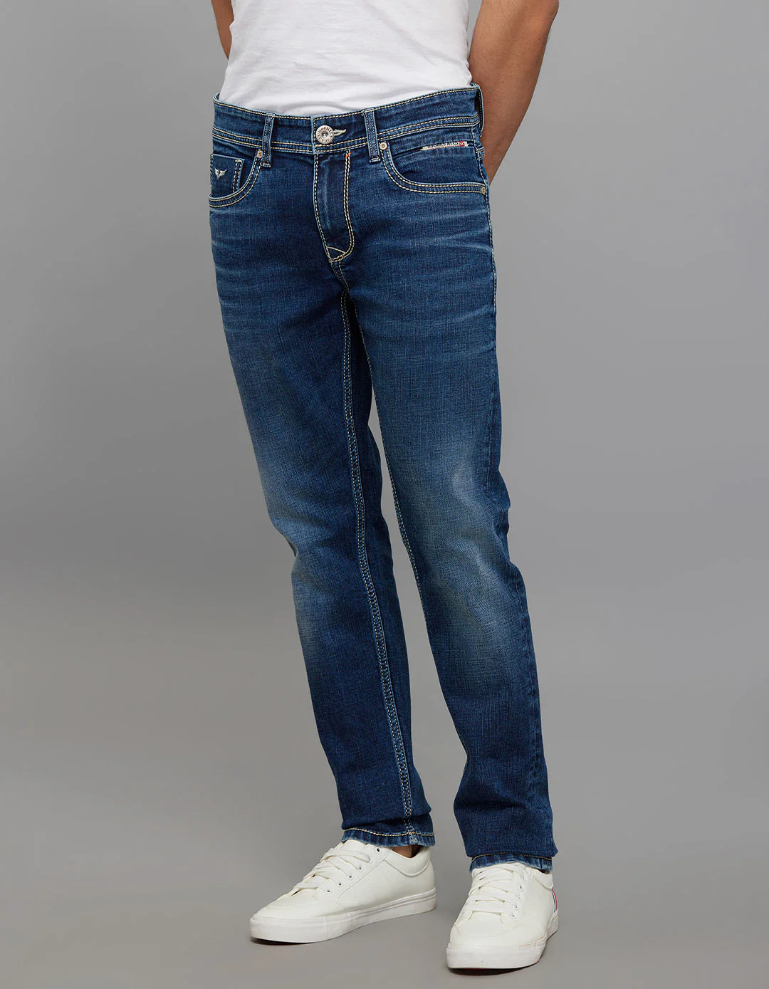 Medium Blue 5 Pocket Mid-Rise Slim Straight Fit Stretch Jeans