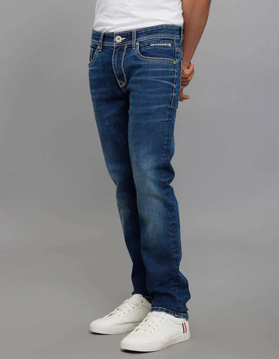 Medium Blue 5 Pocket Mid-Rise Slim Straight Fit Stretch Jeans - Image 3