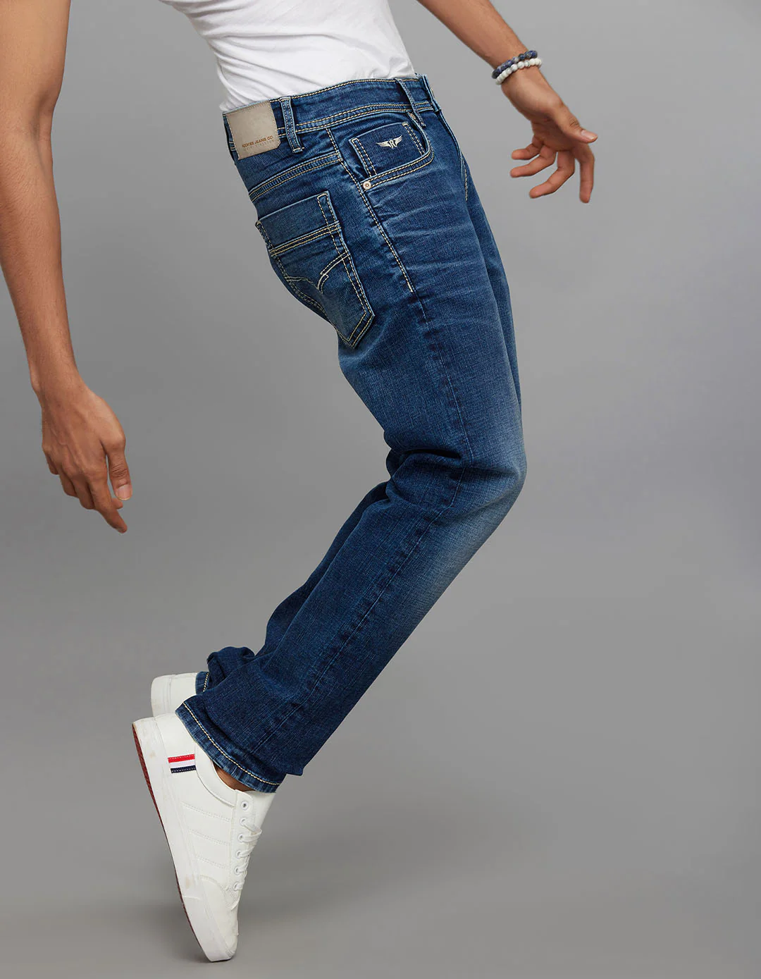 Medium Blue 5 Pocket Mid-Rise Slim Straight Fit Stretch Jeans - Image 4