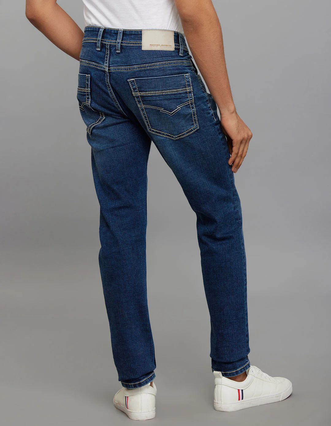 Medium Blue 5 Pocket Mid-Rise Slim Straight Fit Stretch Jeans - Image 5